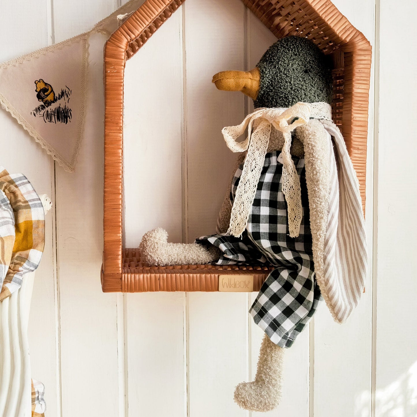 Stuffed Duck Toy in Green Checkered Overalls
