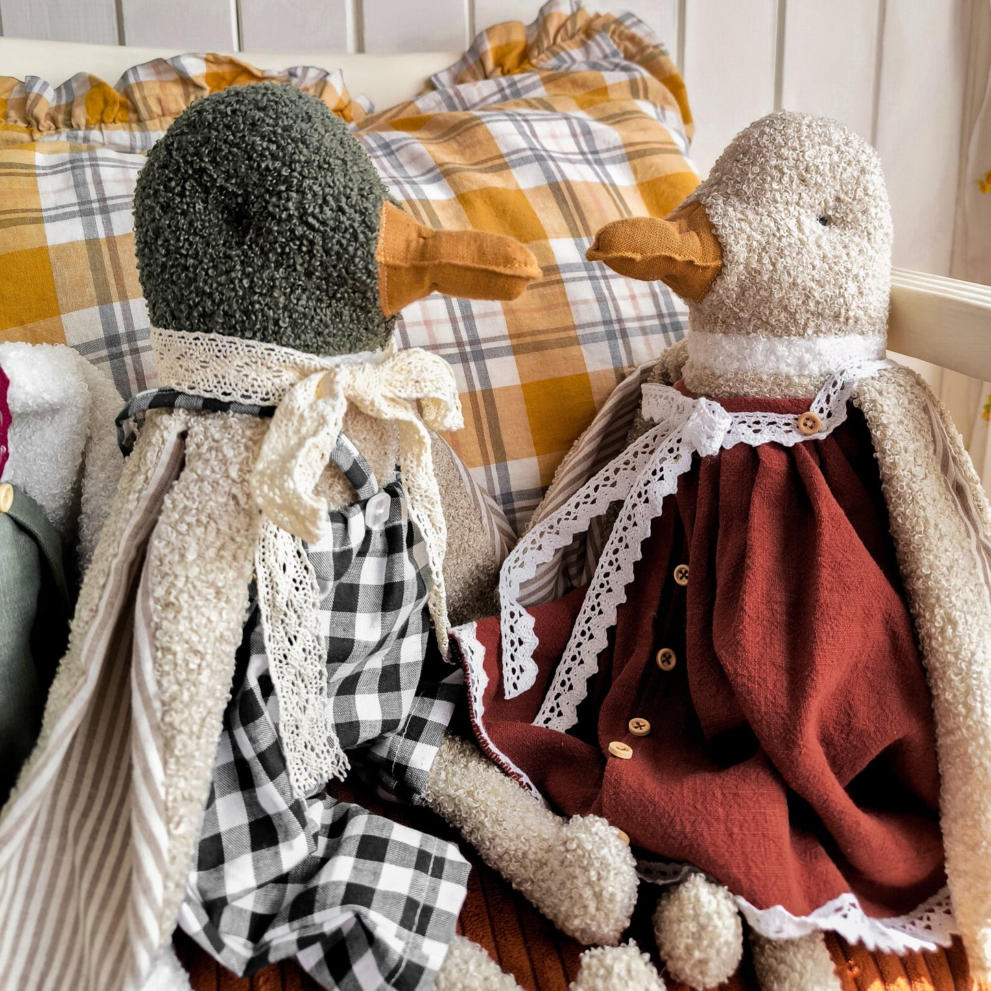 Stuffed Duck Toy in Green Checkered Overalls