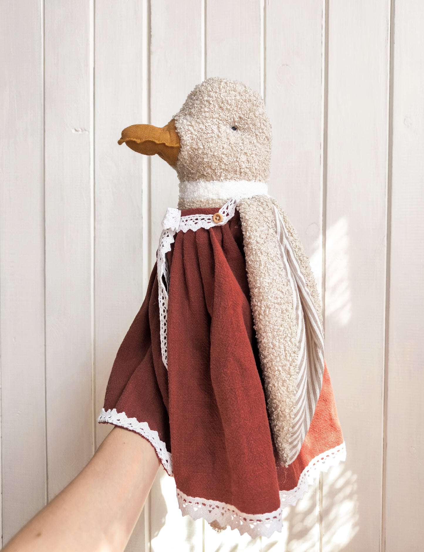 Stuffed Girl Duck in Brick-Red Dress