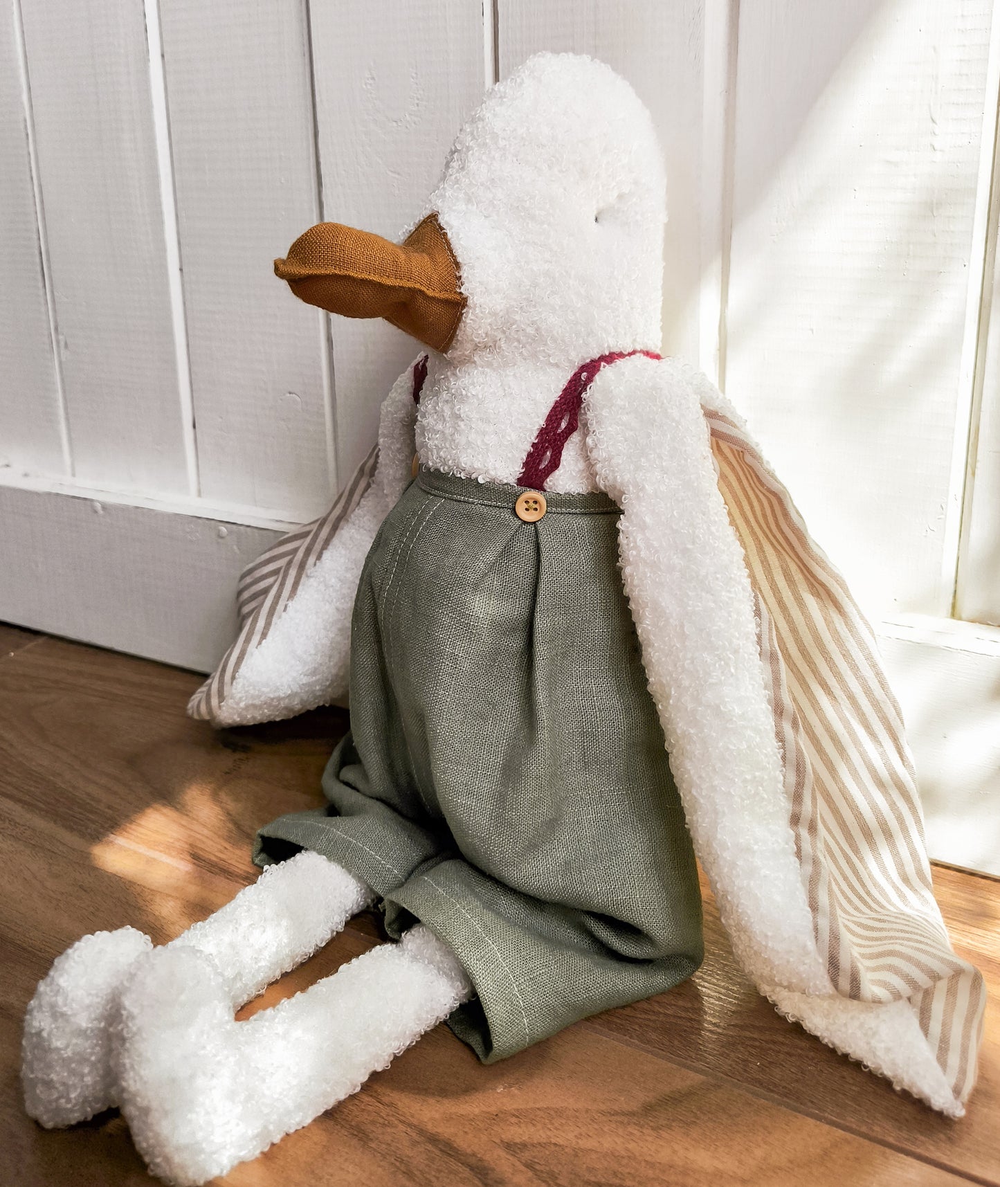 White Duck in Mint Linen Overalls