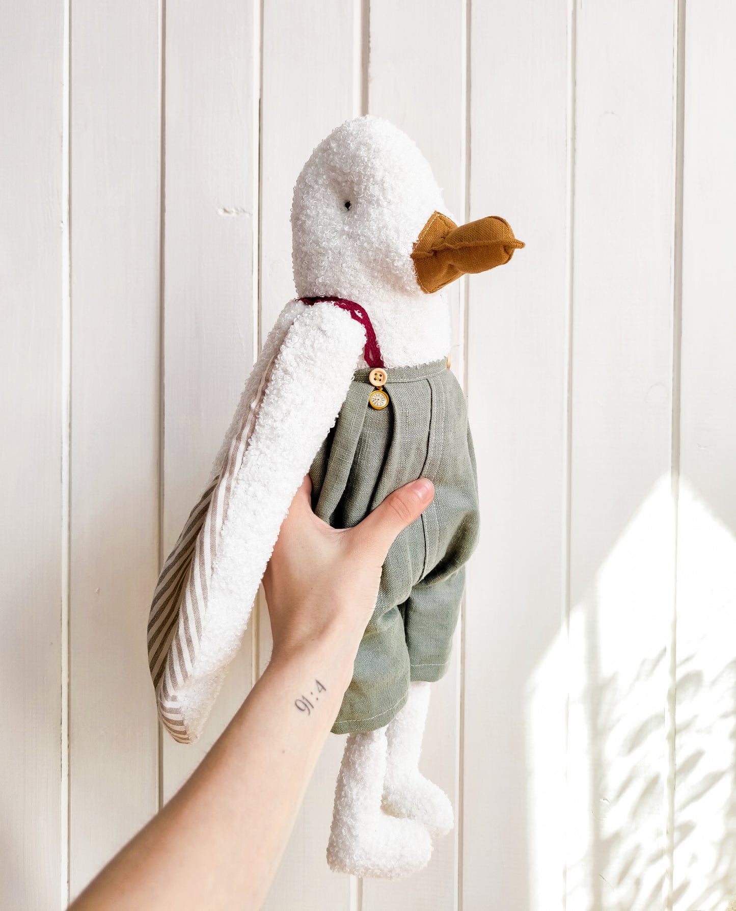 White Duck in Mint Linen Overalls