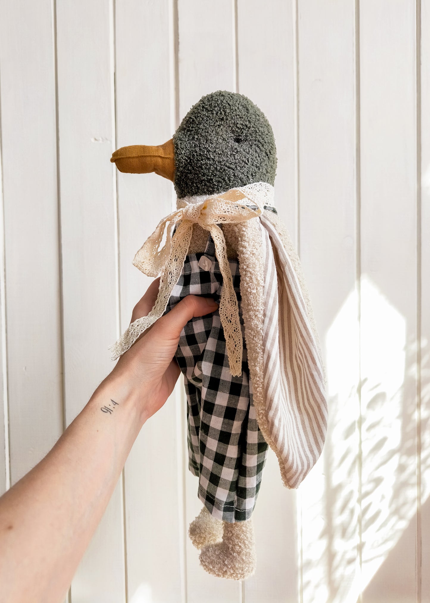 Stuffed Duck Toy in Green Checkered Overalls