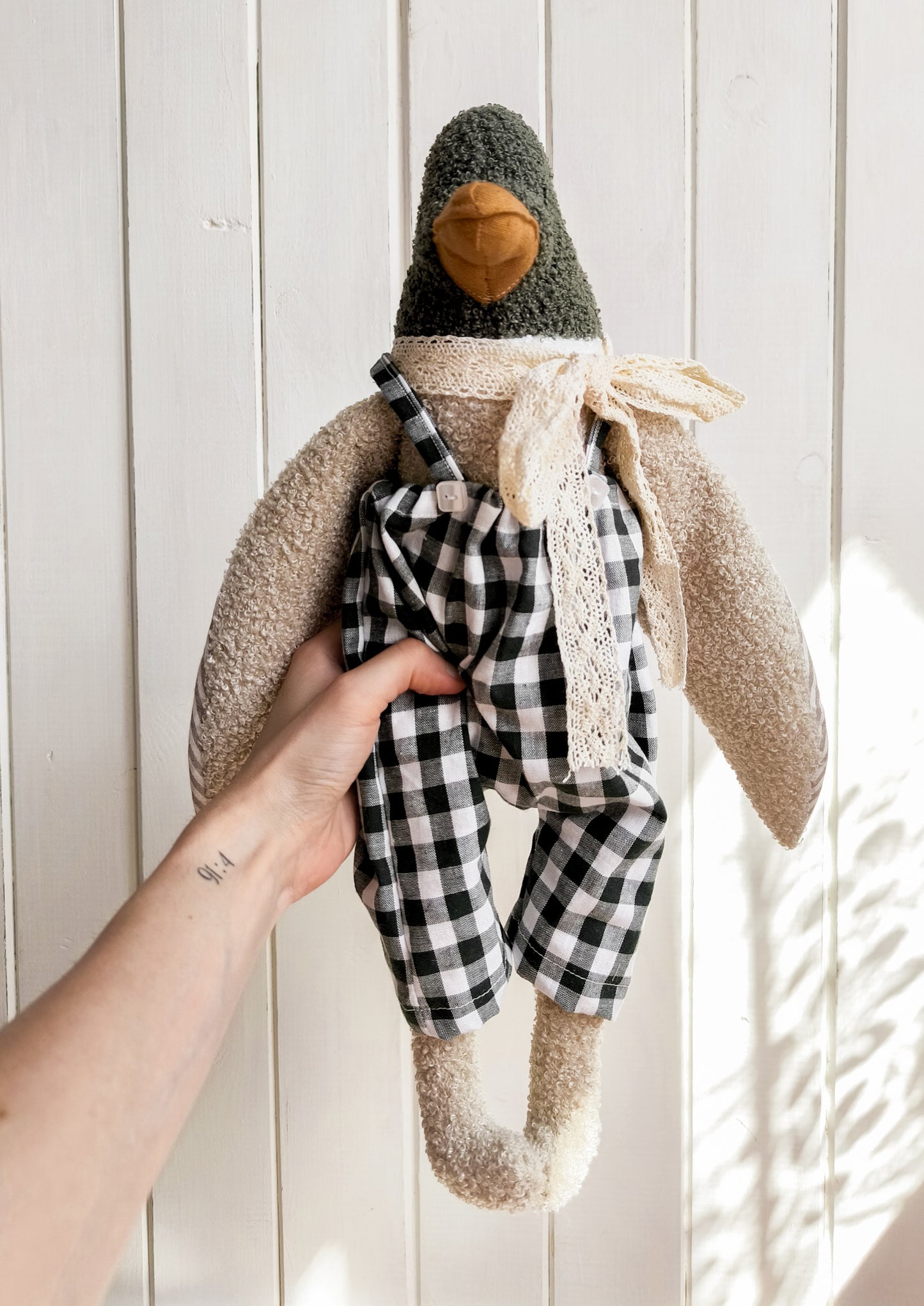 Stuffed Duck Toy in Green Checkered Overalls