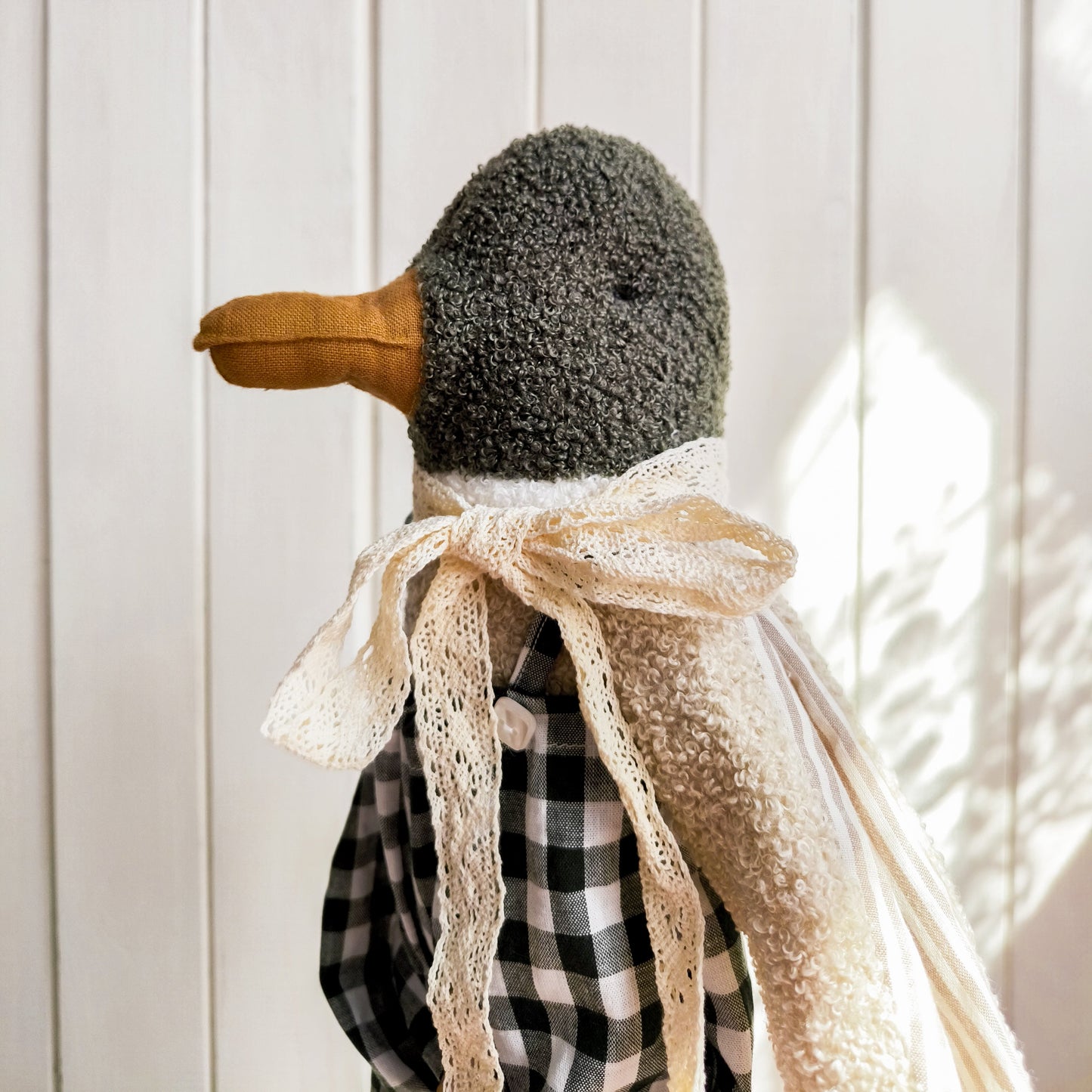 Stuffed Duck Toy in Green Checkered Overalls