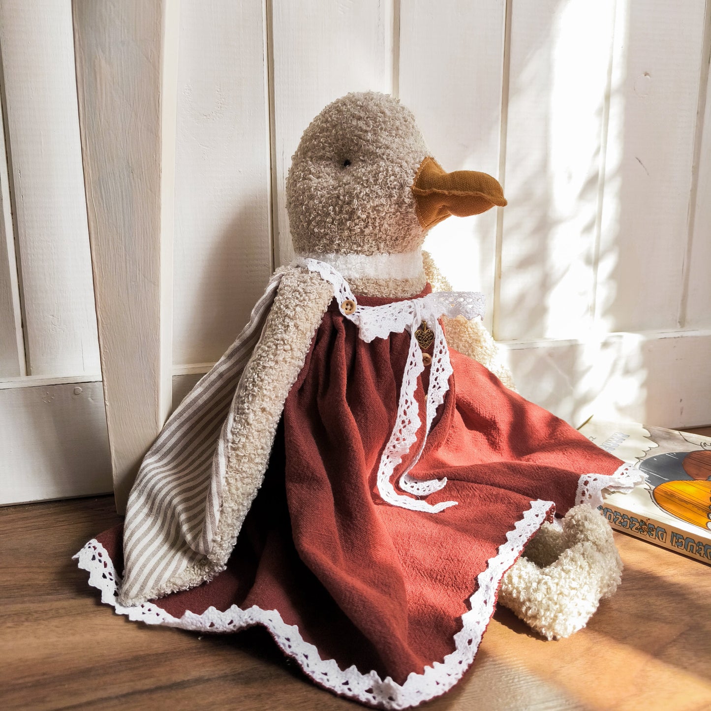 Stuffed Girl Duck in Brick-Red Dress