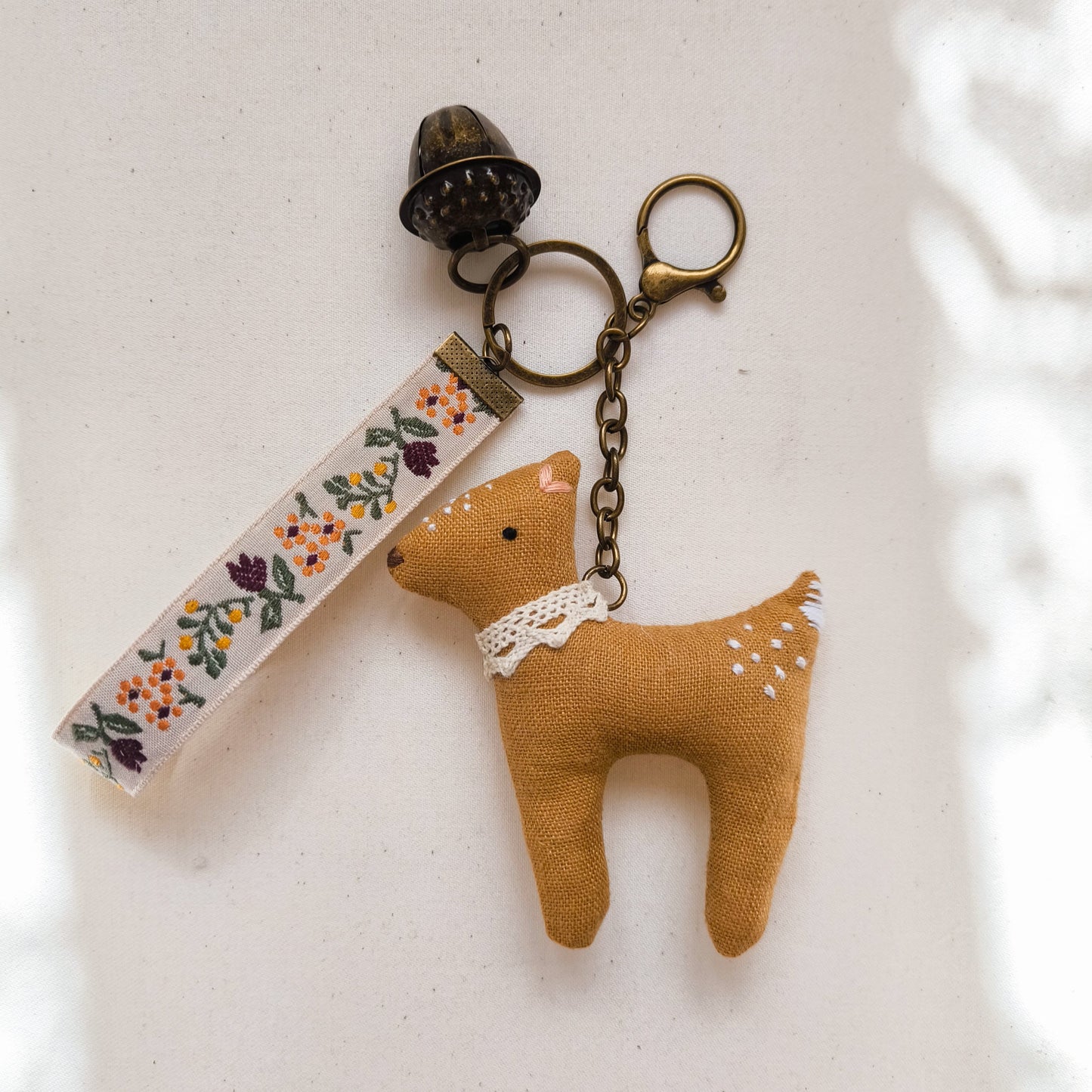 Keychain with Linen Deer and Acorn Bell
