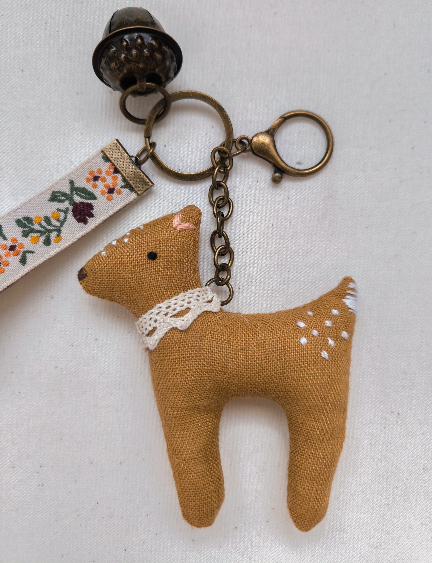 Keychain with Linen Deer and Acorn Bell