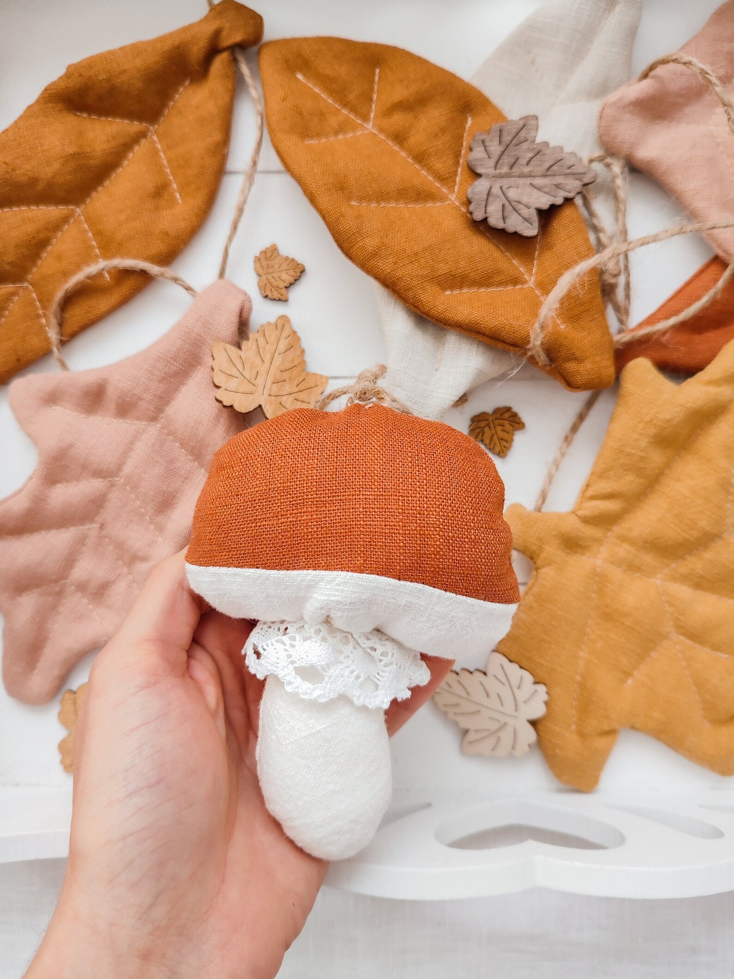 Linen Autumn Garland with Leaves and Mushrooms