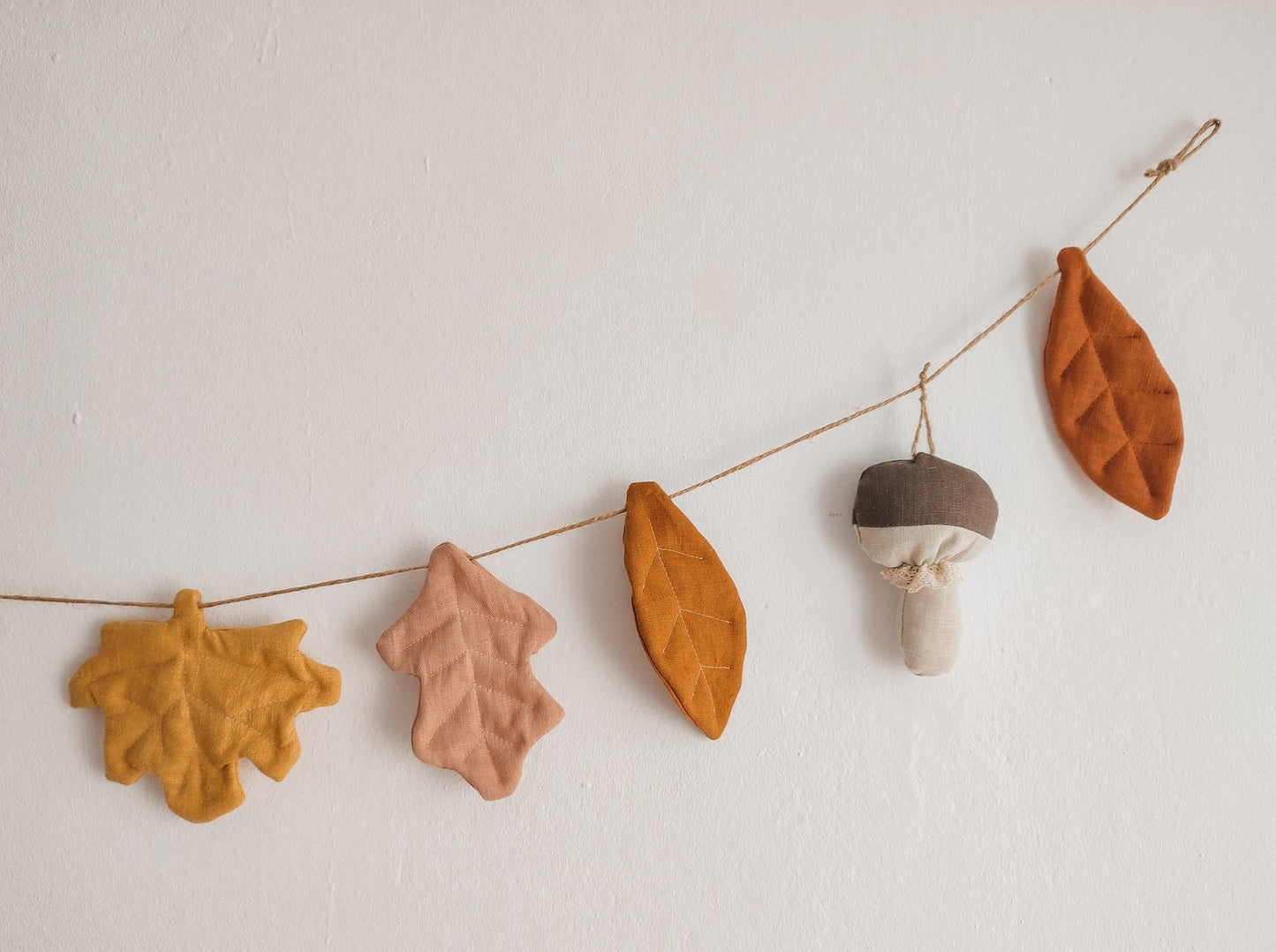Linen Autumn Garland with Leaves and Mushrooms