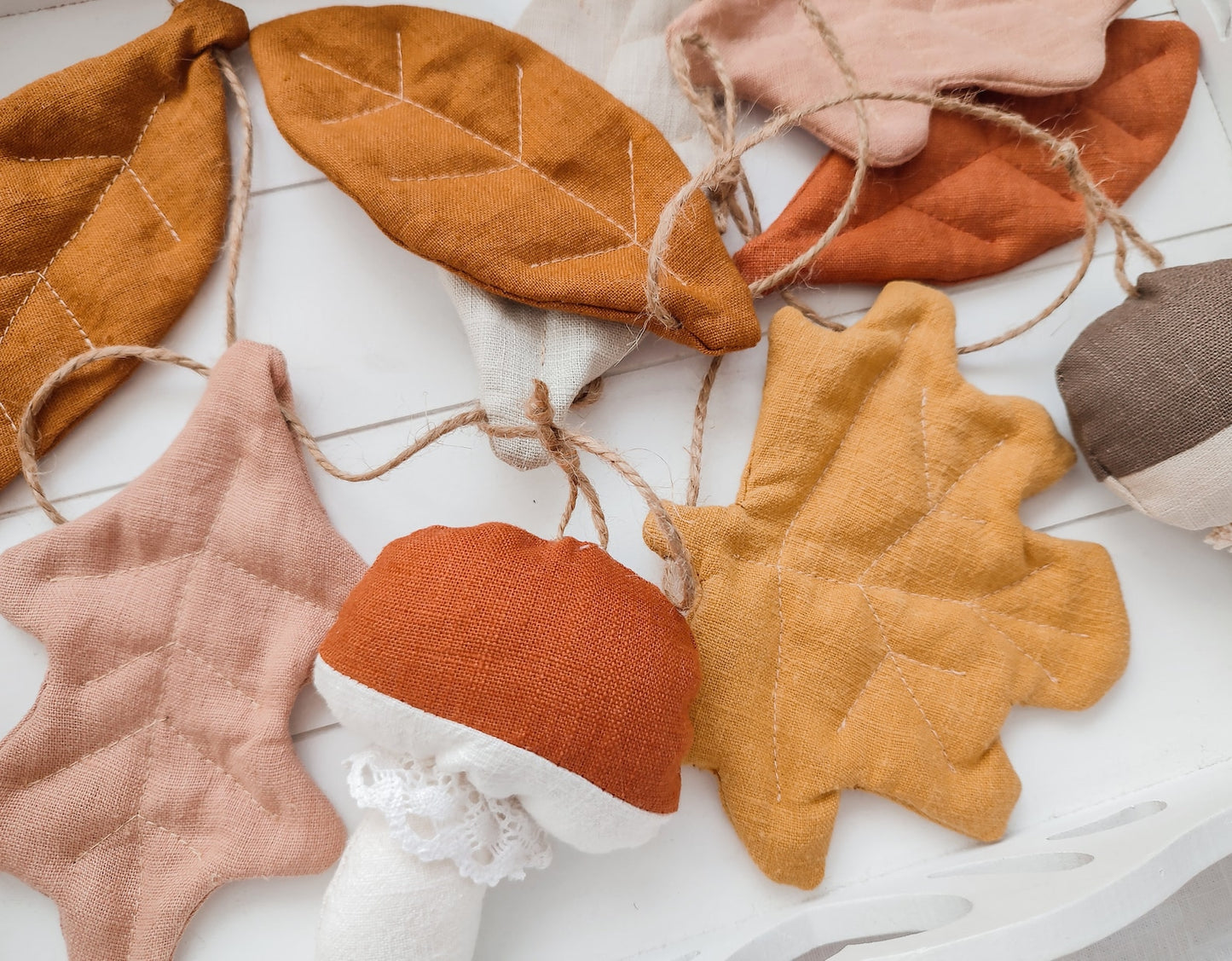 Linen Autumn Garland with Leaves and Mushrooms