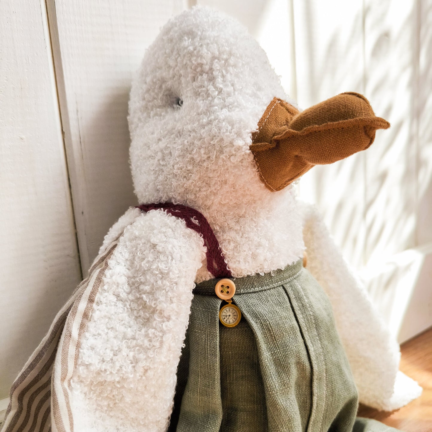 White Duck in Mint Linen Overalls