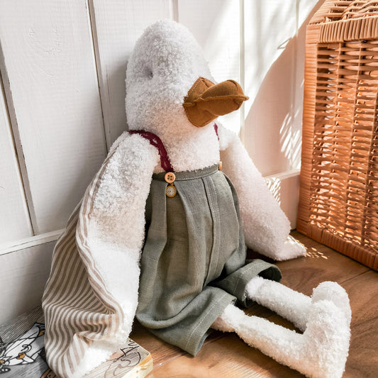 White Duck in Mint Linen Overalls