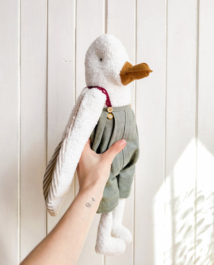 White Duck in Mint Linen Overalls
