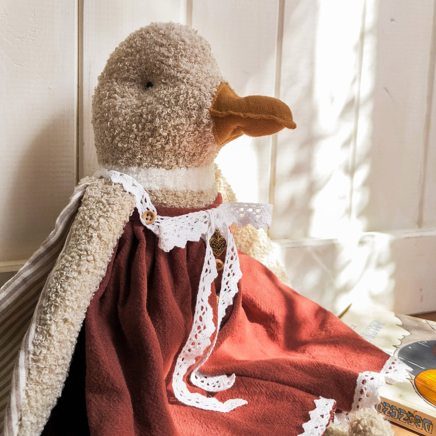 Stuffed Girl Duck in Brick-Red Dress