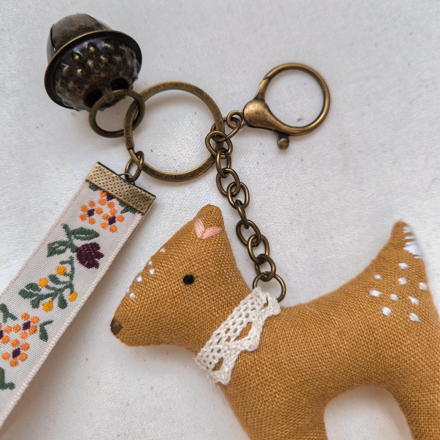 Keychain with Linen Deer and Acorn Bell