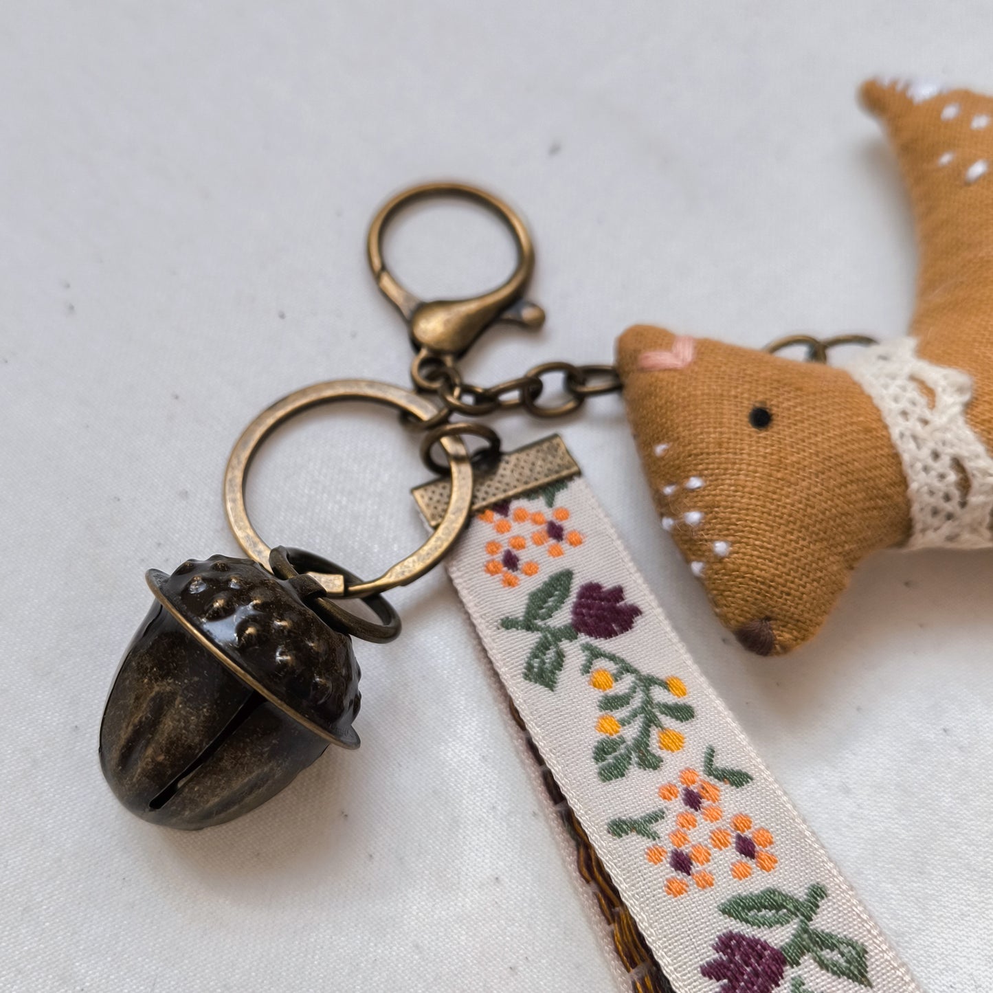 Keychain with Linen Deer and Acorn Bell