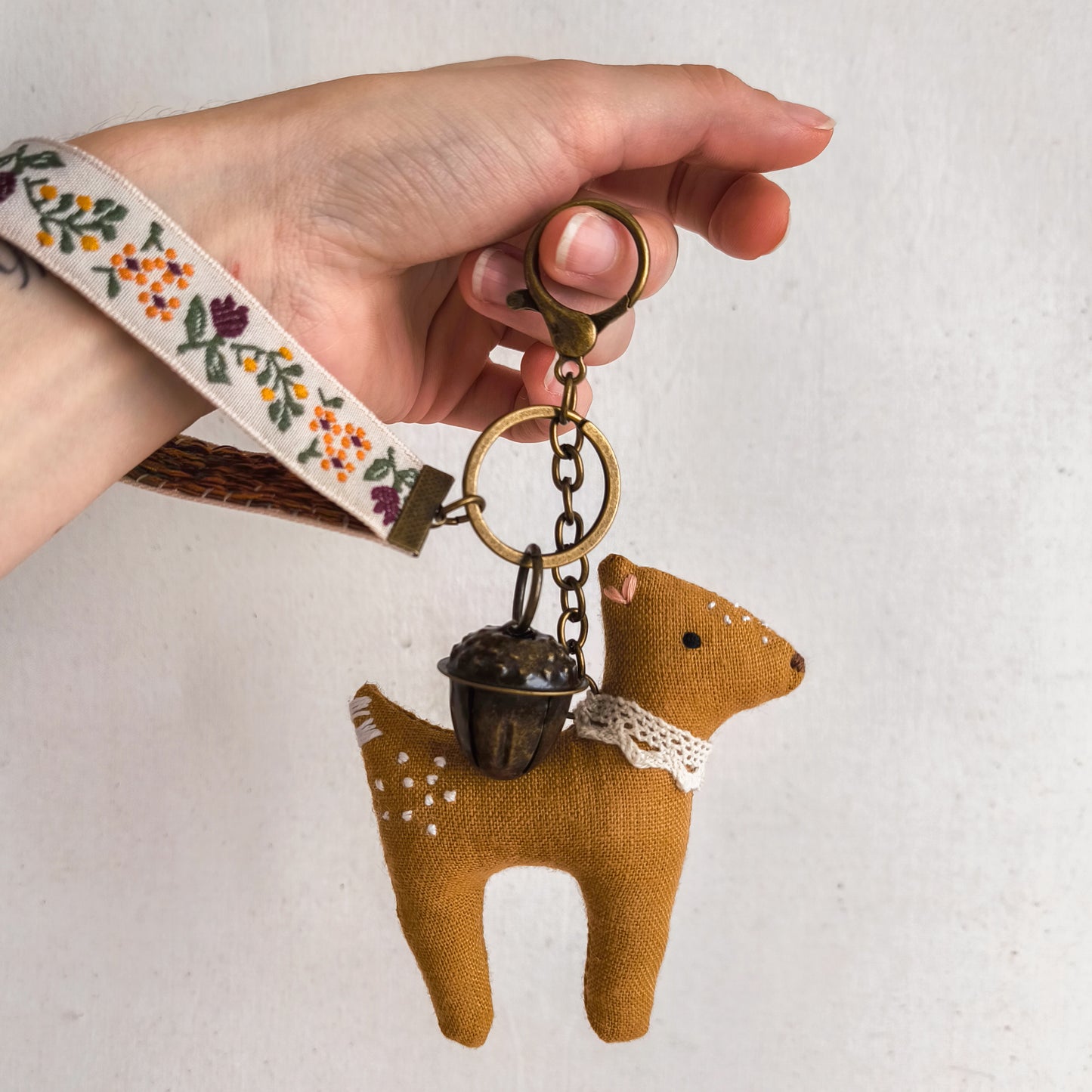 Keychain with Linen Deer and Acorn Bell