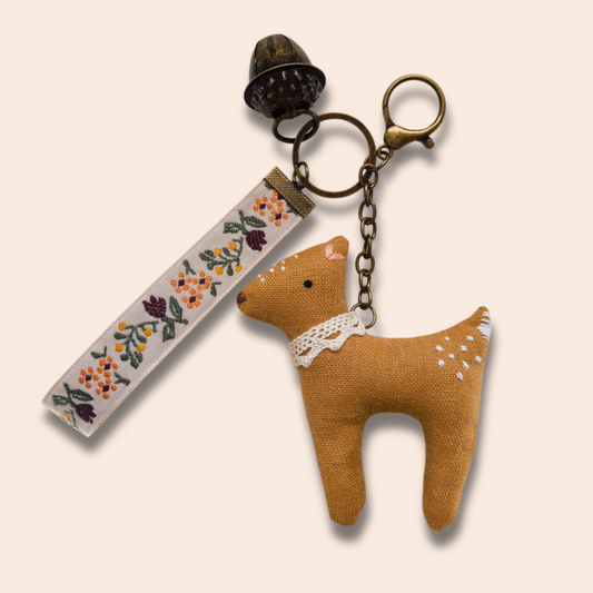 Keychain with Linen Deer and Acorn Bell