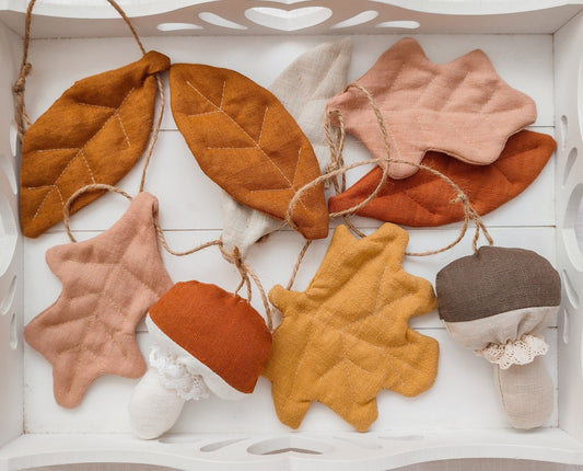 Linen Autumn Garland with Leaves and Mushrooms