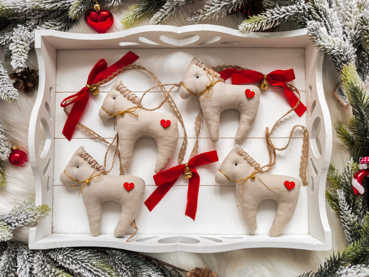 Linen Christmas Garland with Horses, Bows & Bells