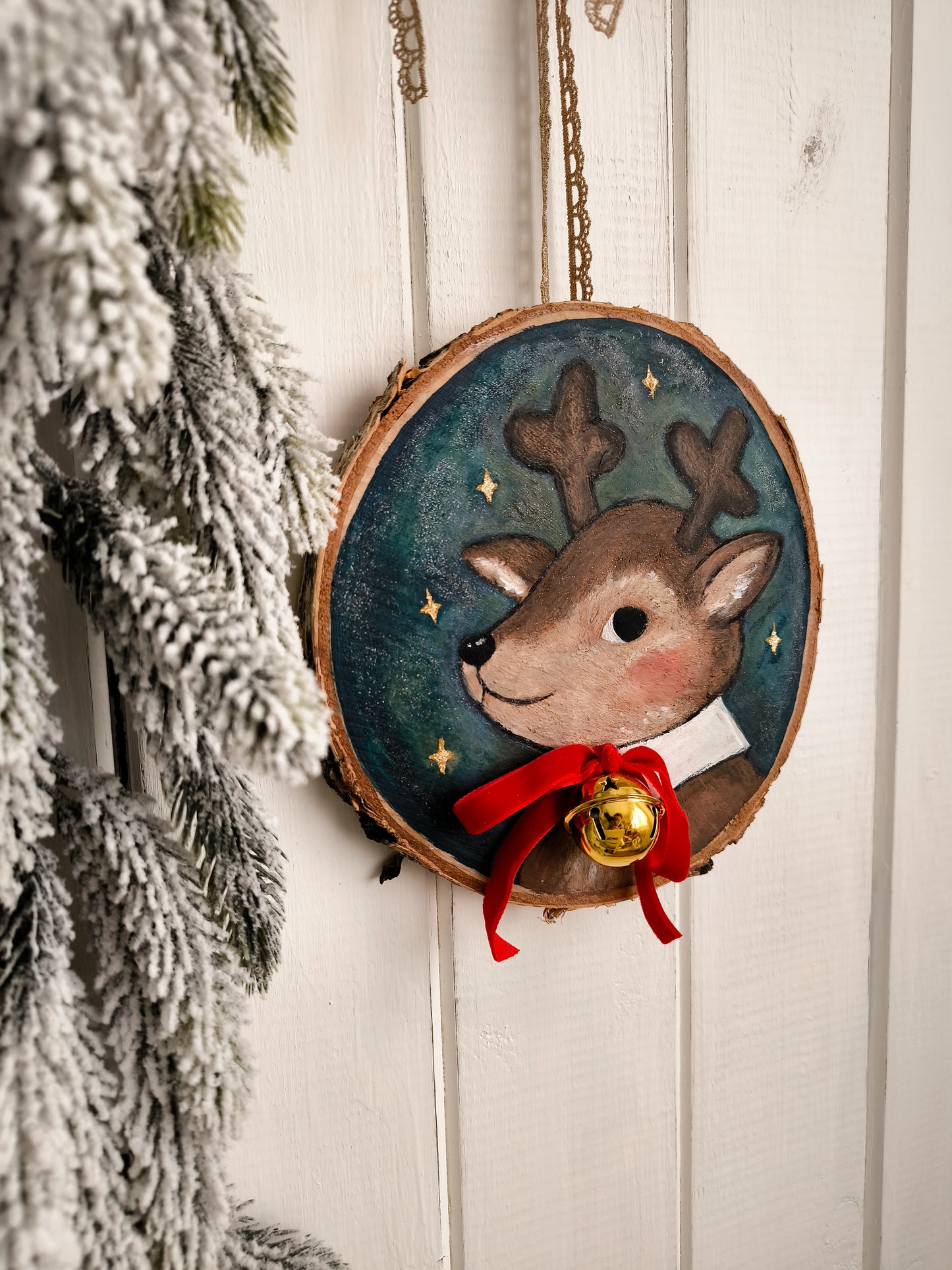 Reindeer painting on Wood Slice