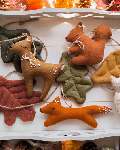 Woodland Animals Linen Garland – Fox, Deer, Owl & Autumn Leaves