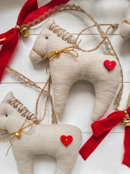 Linen Christmas Garland with Horses, Bows & Bells