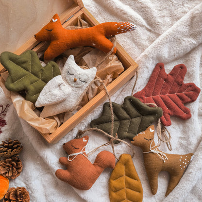 Woodland Animals Linen Garland – Fox, Deer, Owl & Autumn Leaves