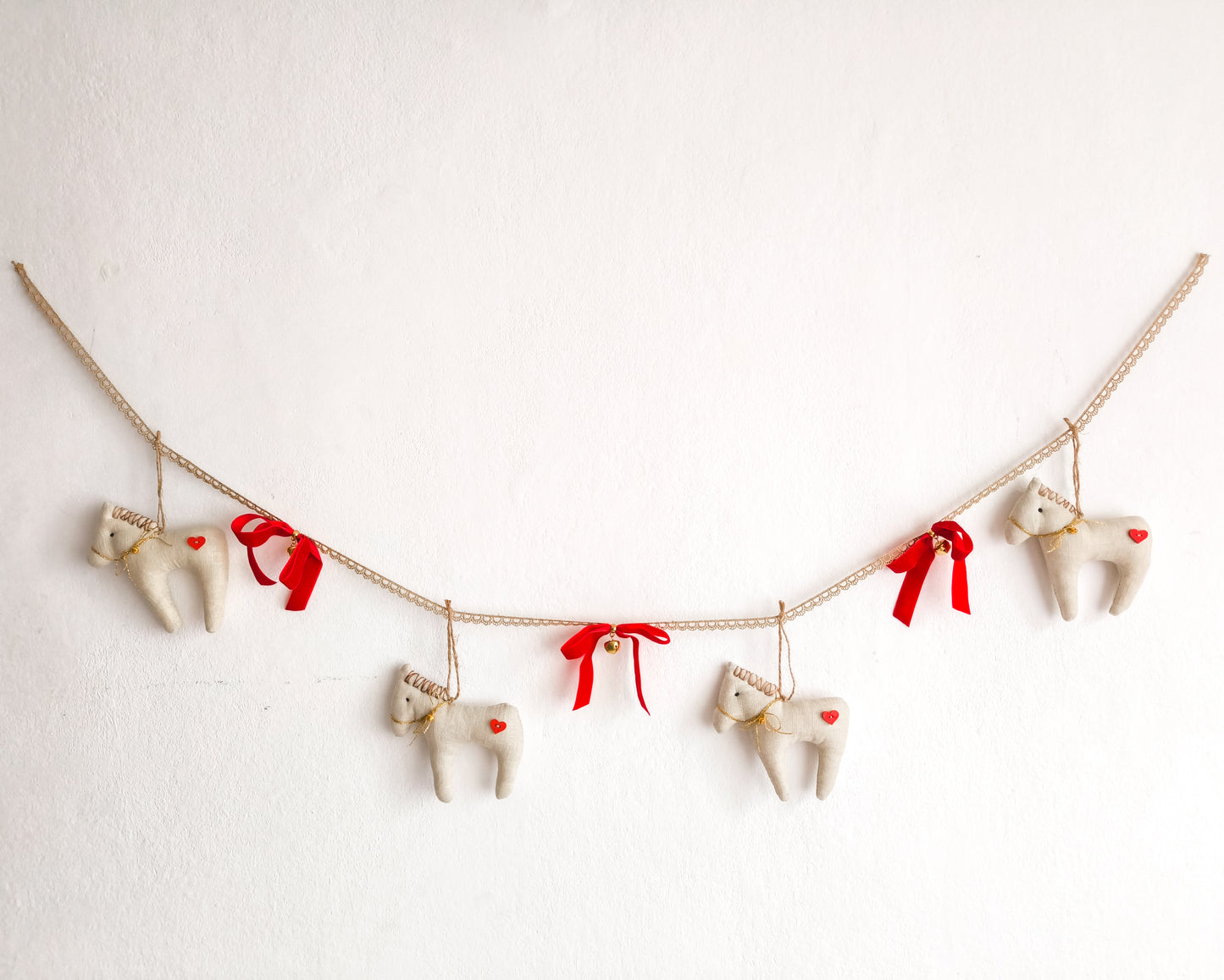 Linen Christmas Garland with Horses, Bows & Bells