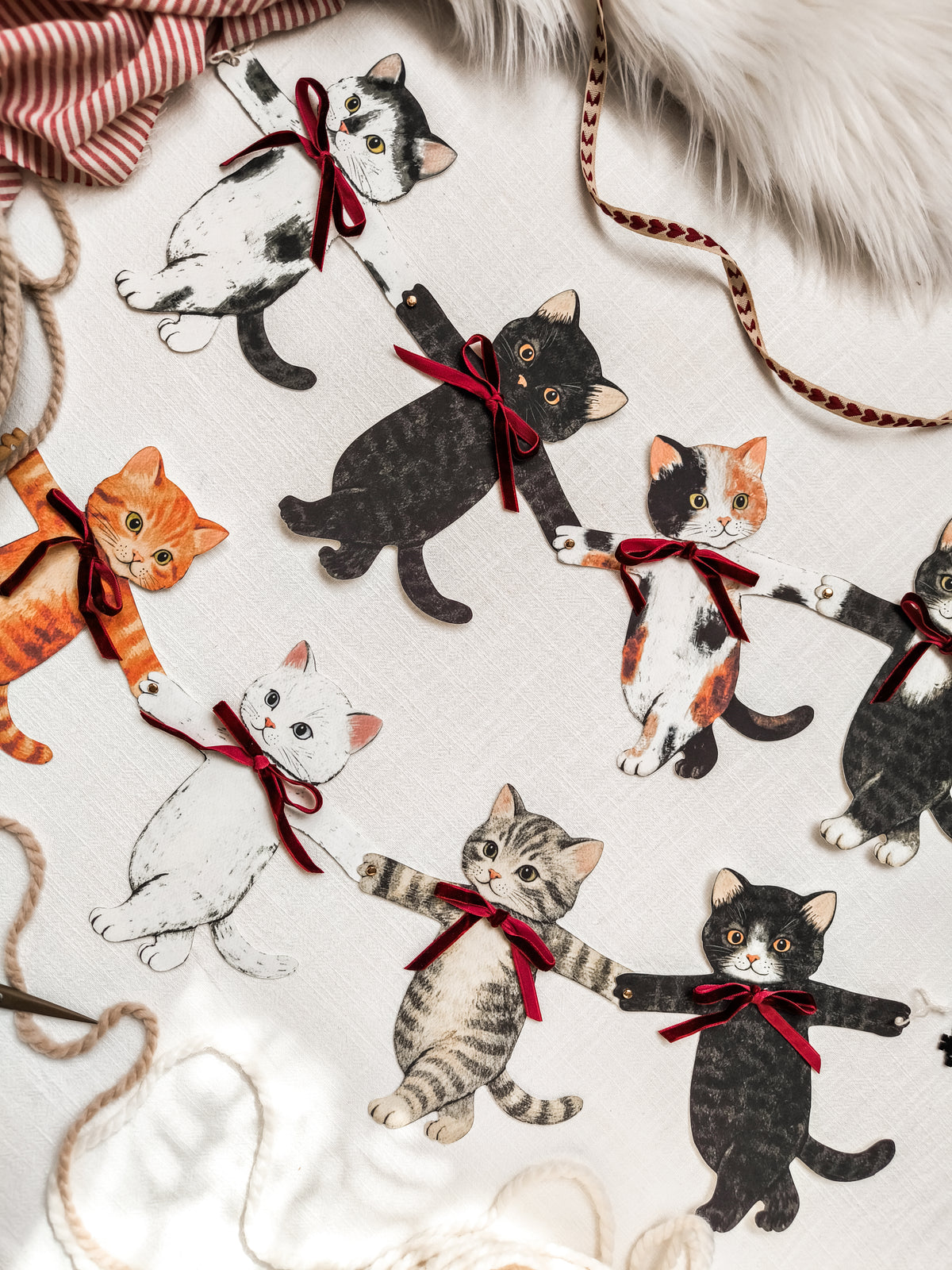Paper Cats Garland with Velvet Bows