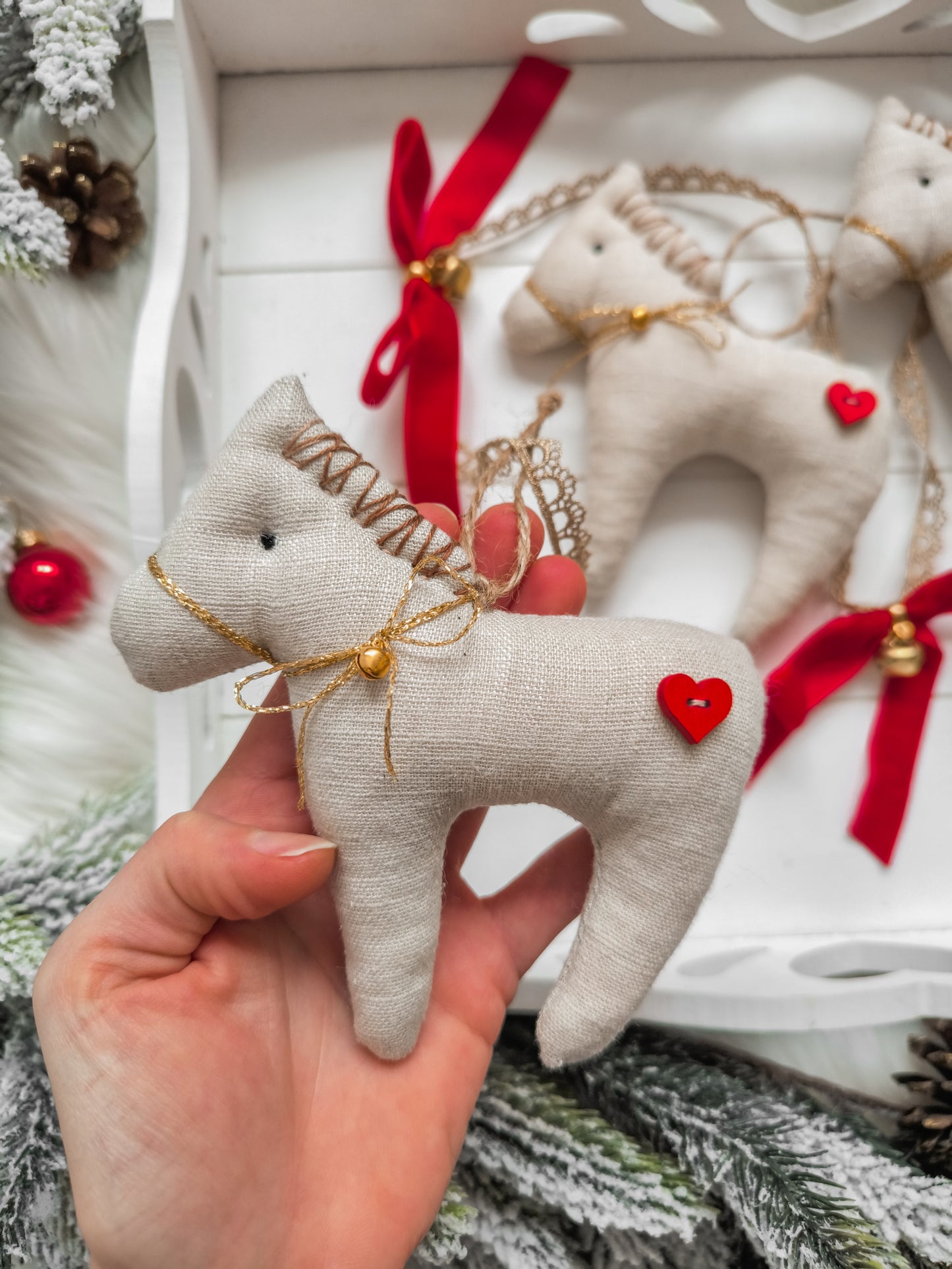 Linen Christmas Garland with Horses, Bows & Bells