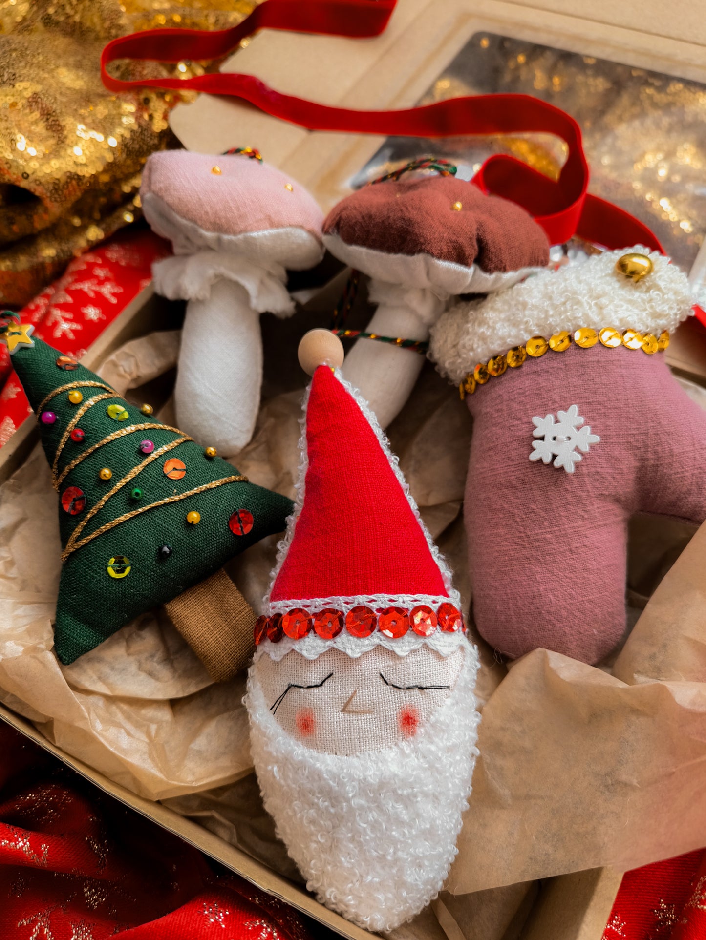 Linen Christmas Tree Decorations Set in Box