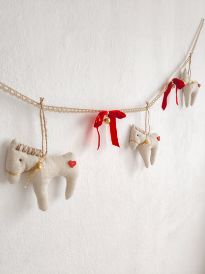 Linen Christmas Garland with Horses, Bows & Bells